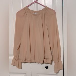 Pretty Nine West pale peach top with sheer bell sleeves. #officeattire #sheer